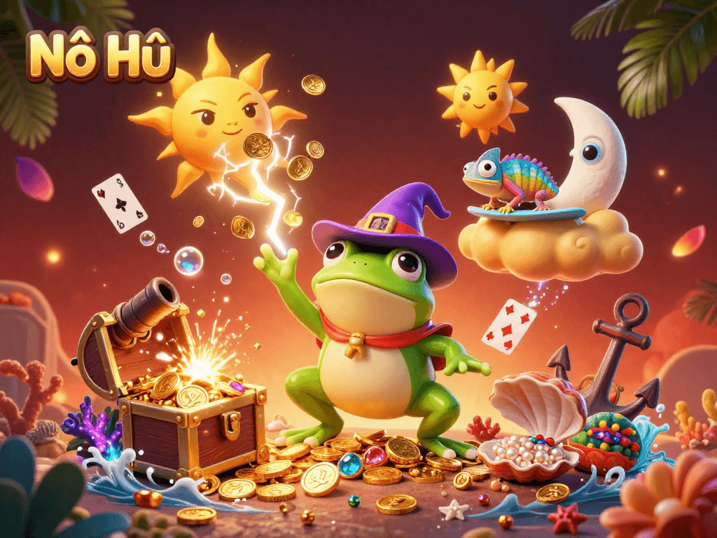 Nổ Hũ captures the excitement of casino gaming with a wizard frog and chameleon amid a treasure storm.