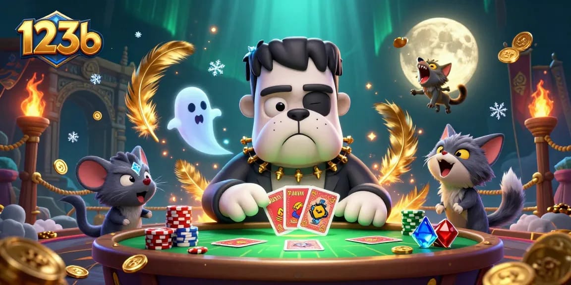 Engaging 123b casino illustration with monsters and gold coins at a spooky gambling table.
