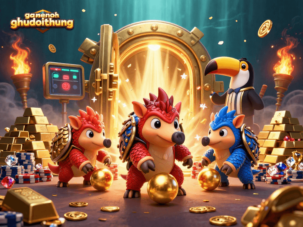 Experience the thrilling gameplay of gamenohudoithuong with vibrant rival pangolins in an animated treasure scene.