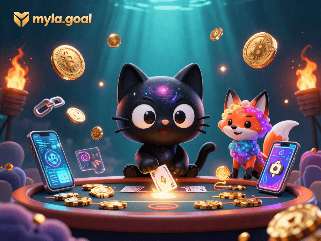 Experience the thrill of gaming with myla-goal as the cosmic cat charms in chips at a casino.