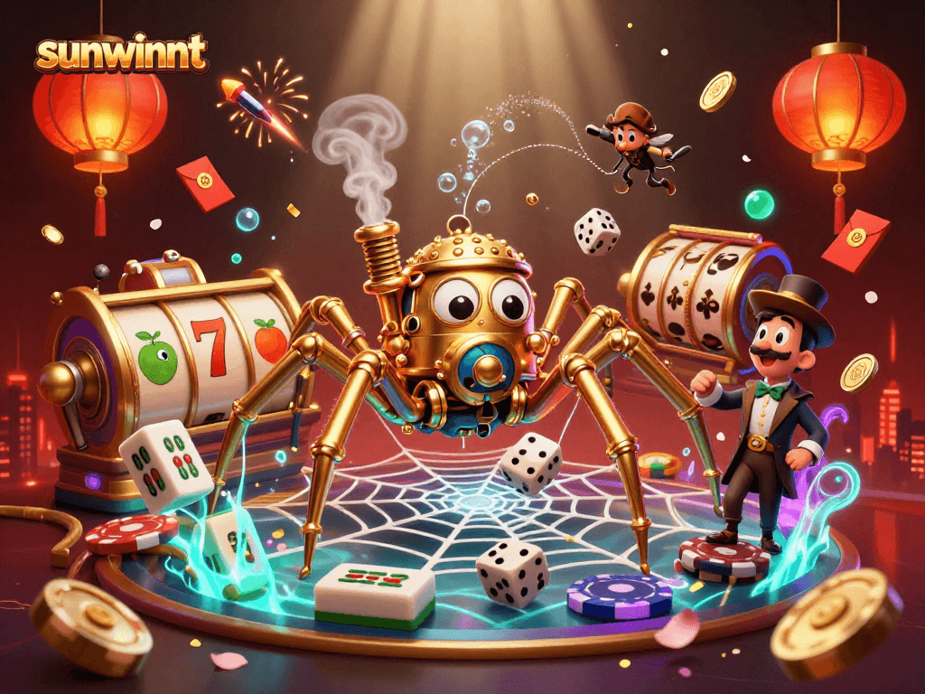 Experience sunwinnt's excitement with a vibrant illustration featuring a steampunk spider and lucky symbols.