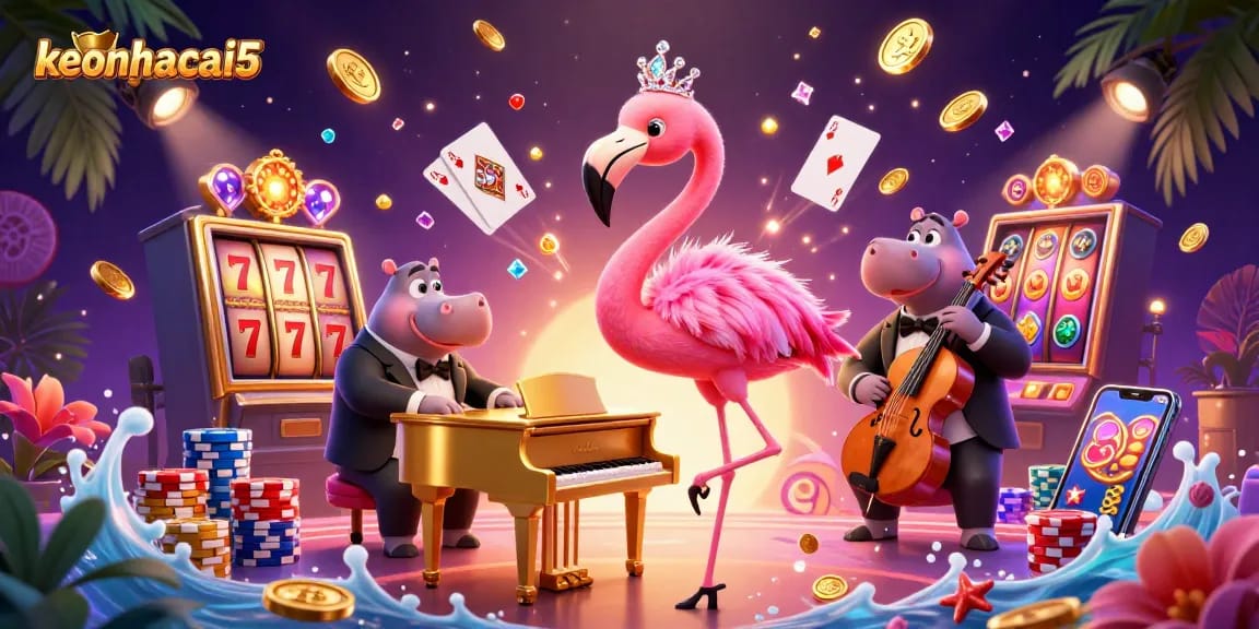Spin the reels with keonhacai5 as you immerse in a vibrant casino scene of musical characters and slot games.