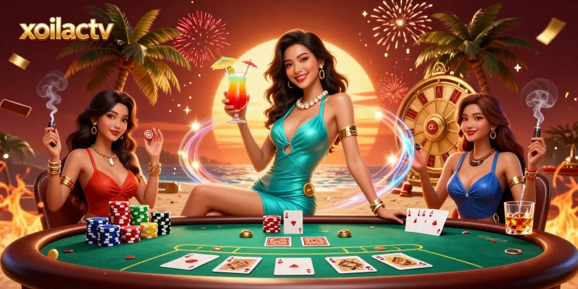 Engage with xoilactv as you enjoy stunning casino visuals and vibrant gaming elements in this lively illustration.