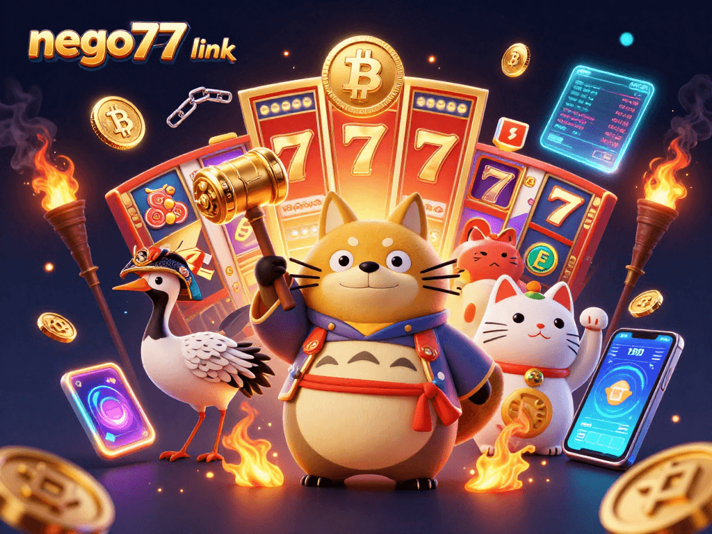 Experience the thrill of gambling with the nego77 link, showcasing cheerful tanuki and vibrant slot reels.