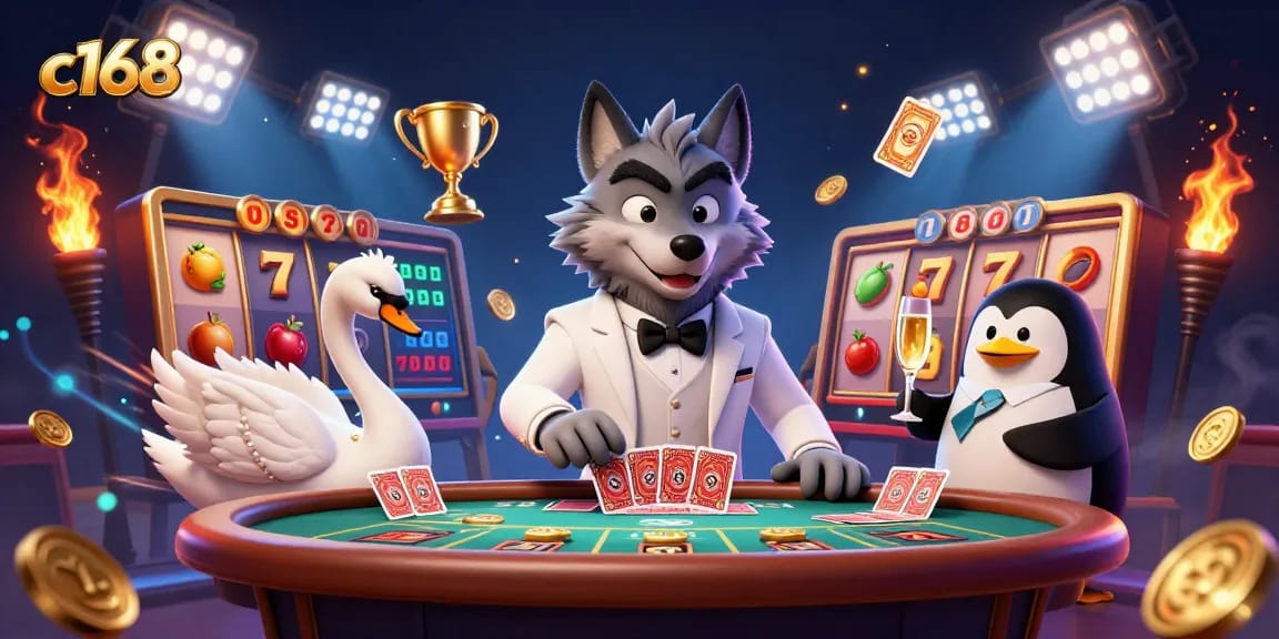 C168 players enjoy slots with a savvy wolf, elegant swan, and penguin in a vibrant casino scene.