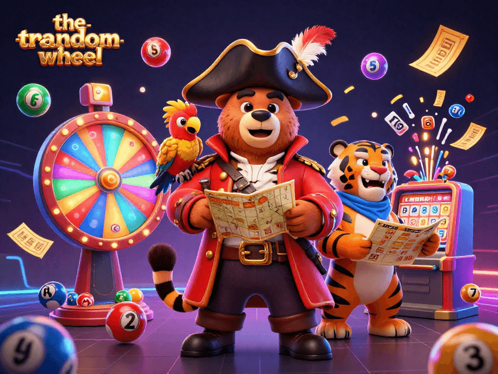 Experience the thrill of the-random-wheel with vibrant elements and exciting characters in a whimsical casino scene.