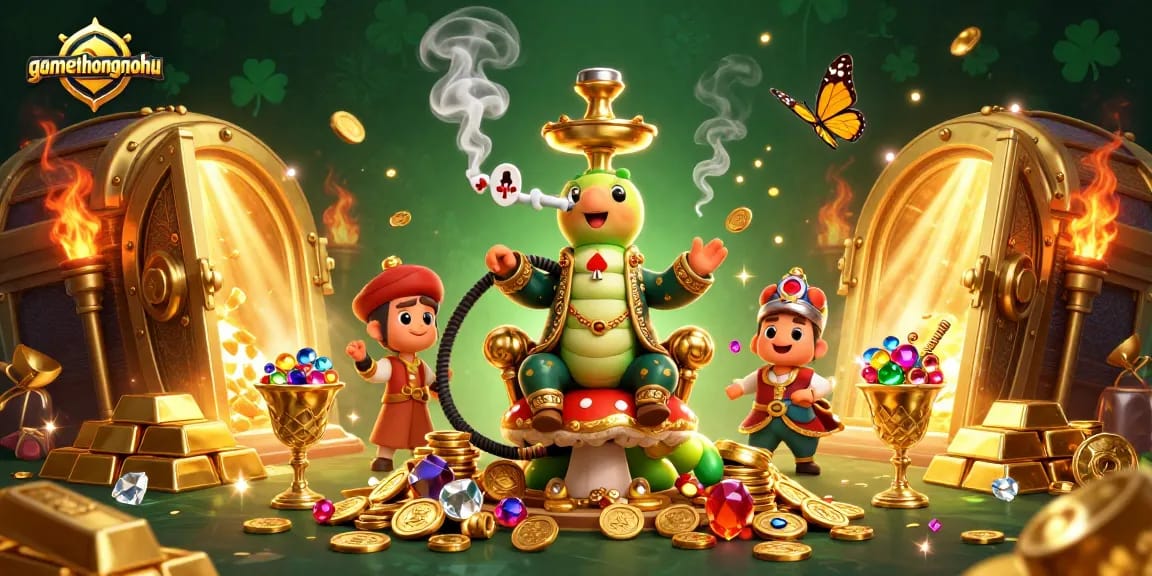 gamethuongnohu showcases a vibrant 3D illustration featuring poker hand symbols and golden treasures in a casino setting.