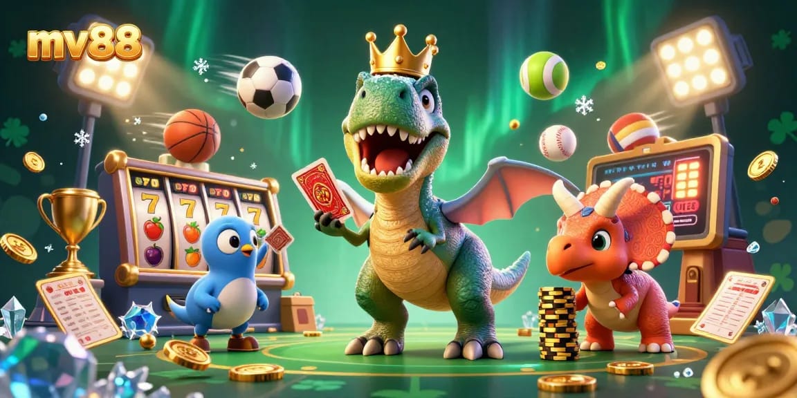 Experience fun gaming with mv88 in this vibrant scene of 3D characters enjoying casino elements.