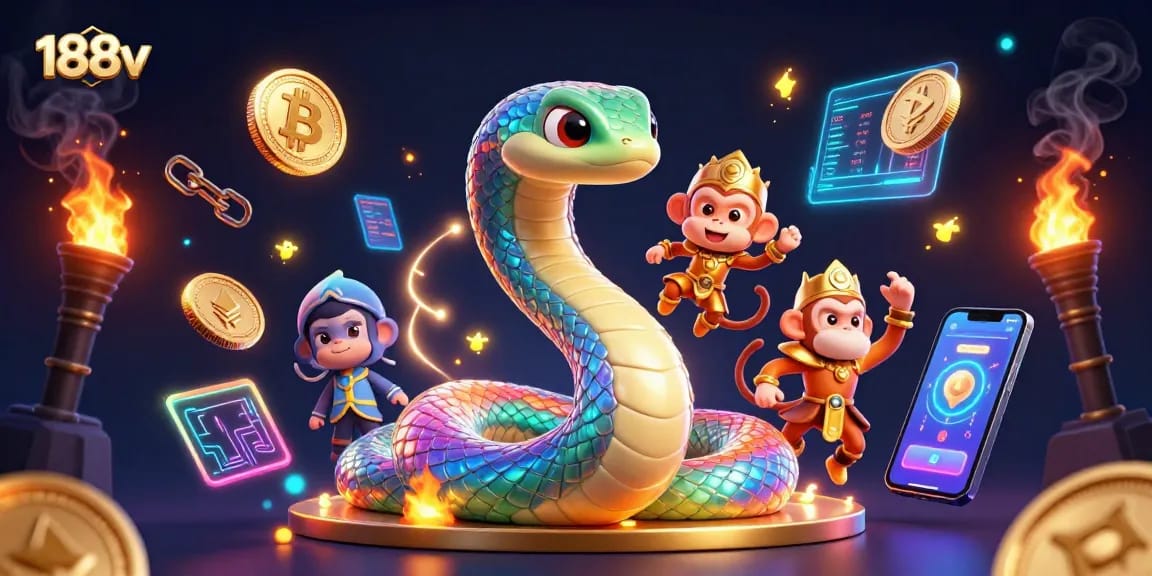 Engage with 188v's unique gaming adventure featuring the spirited monkey king and rainbow serpent amidst vibrant casino elements.