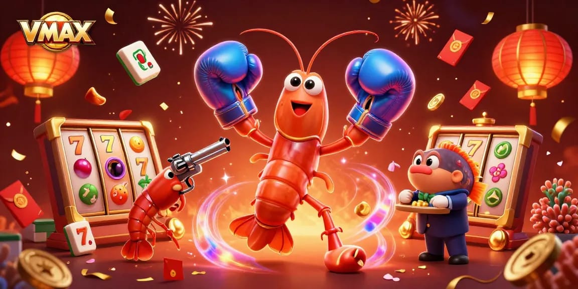 Experience exciting gameplay at VMAX with animated characters and festive gambling elements.