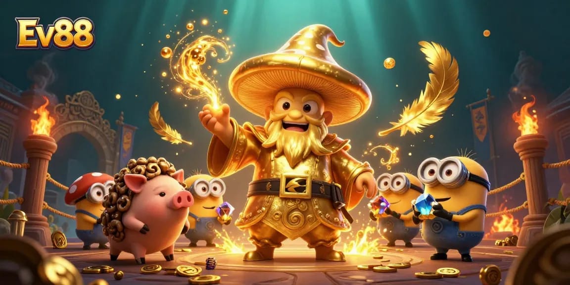 Ev88 captivates players with a vibrant, magical scene filled with treasures and enchanting gaming elements.
