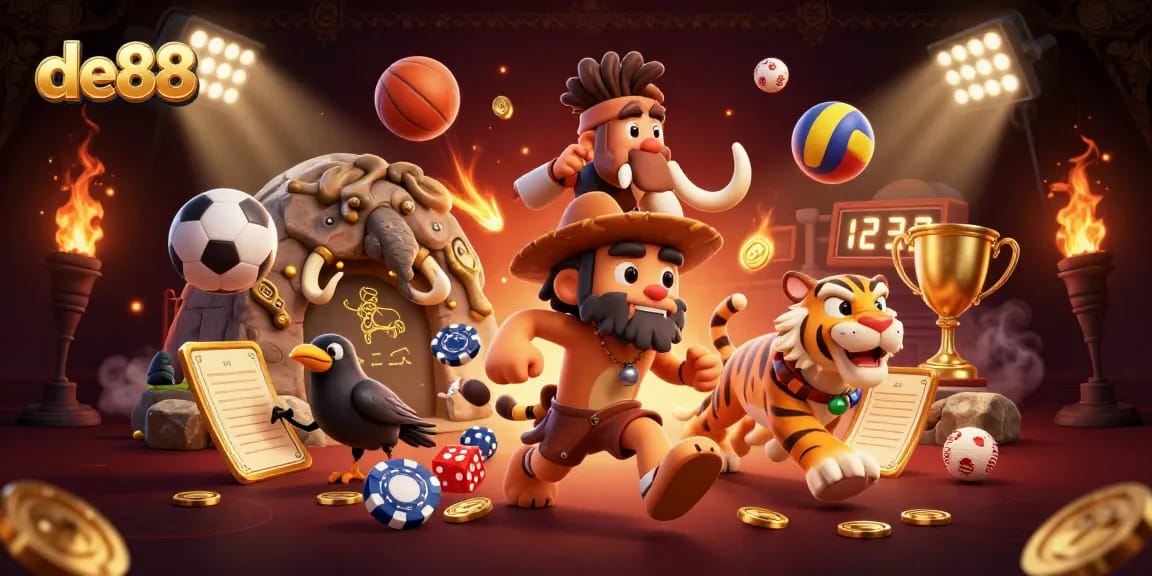 Experience thrilling gameplay at de88 with caveman and saber-tooth tiger in a lively casino scene.