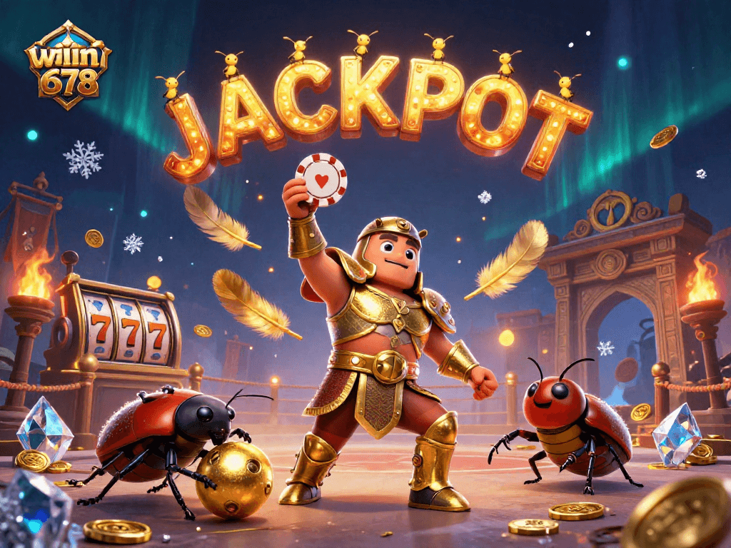 Win678 offers thrilling jackpot vibes with epic beetles in a dynamic casino scene.