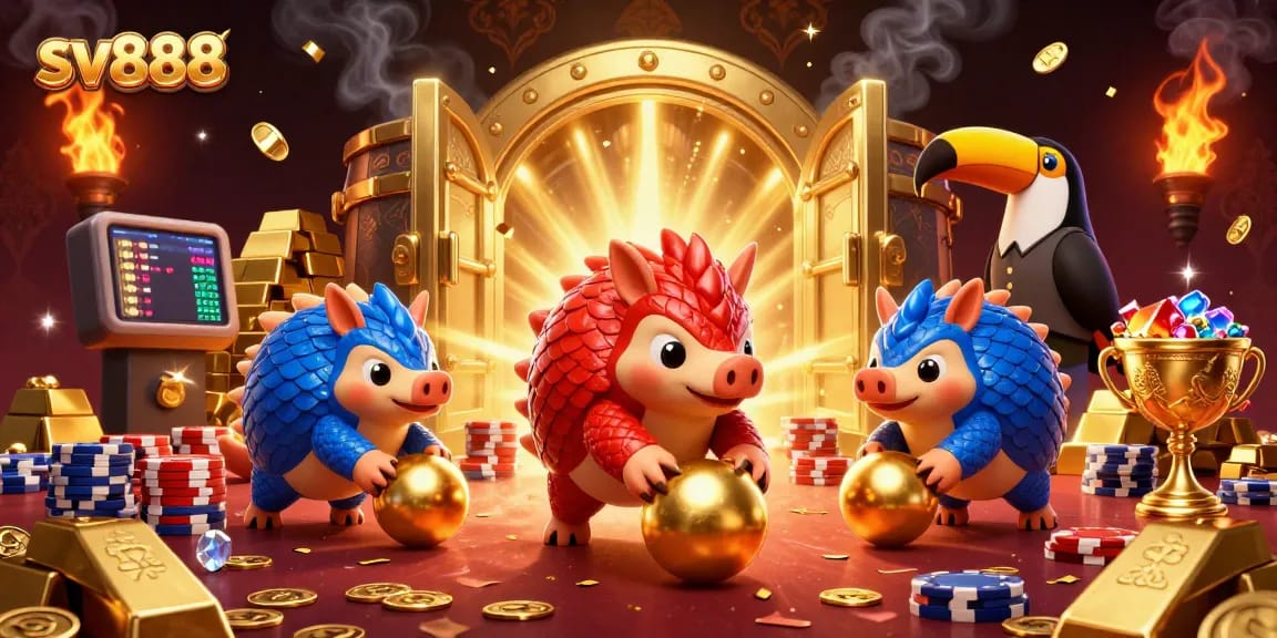 Challenge with sv888 as rival pangolins roll golden balls through poker chips in a vibrant casino scene.