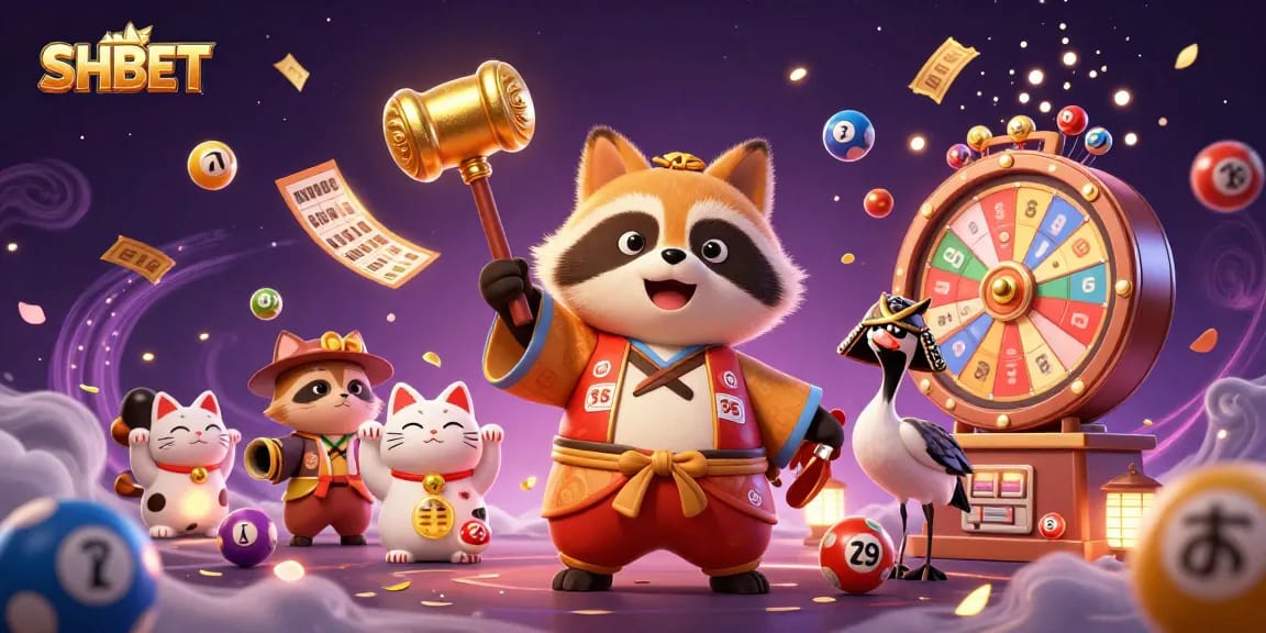 SHBET brings excitement with a lively casino scene featuring a cheerful tanuki, vibrant lottery elements, and fortune cats.