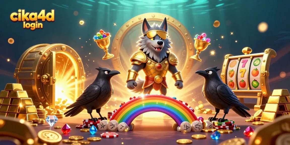 Engage with the vibrant scene featuring cika4d login amidst slot elements and golden treasures.