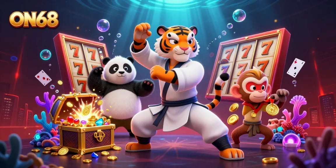 Engage with ON68's vibrant gaming world featuring a kung fu master, panda disciple, and treasure-filled adventure.