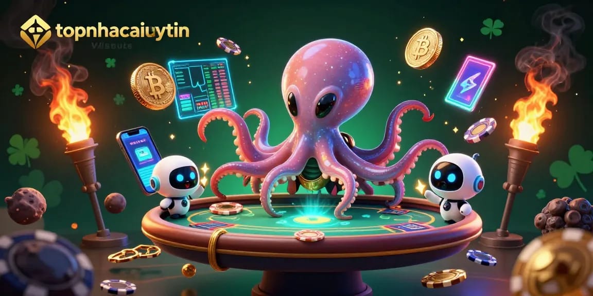 Join the fun with topnhacaiuytin while gaming at an alien octopus's poker table, surrounded by cryptocurrency elements.