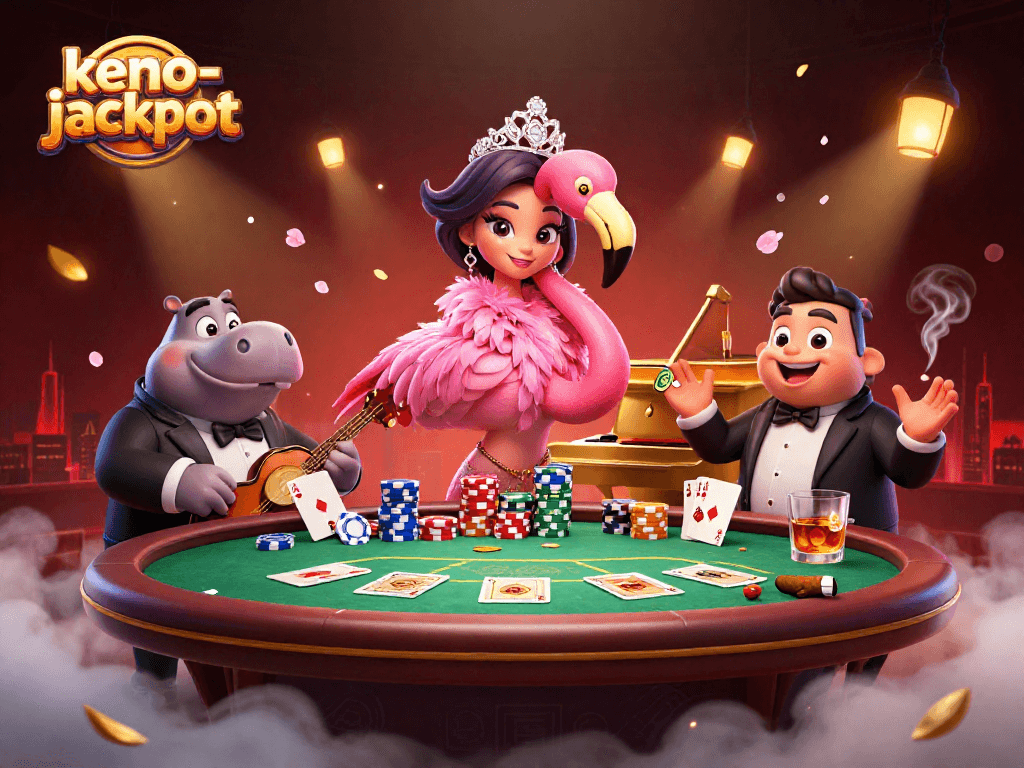 Engage with keno-jackpot excitement through this vibrant 3D scene of charismatic casino characters.