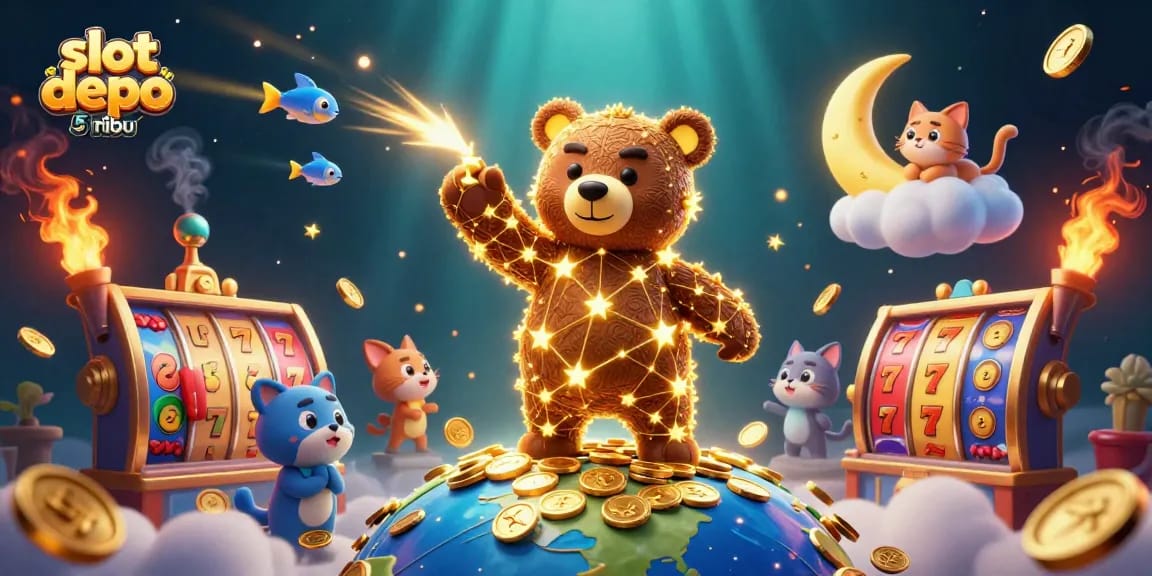 Experience the thrill of slot depo 5 ribu with vibrant 3D illustrations of cosmic characters winning bonuses and jackpots.