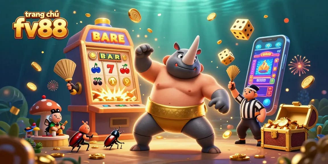 Experience the excitement of trang chủ fv88 with a vibrant casino scene featuring a beetle champion and dynamic gaming elements.