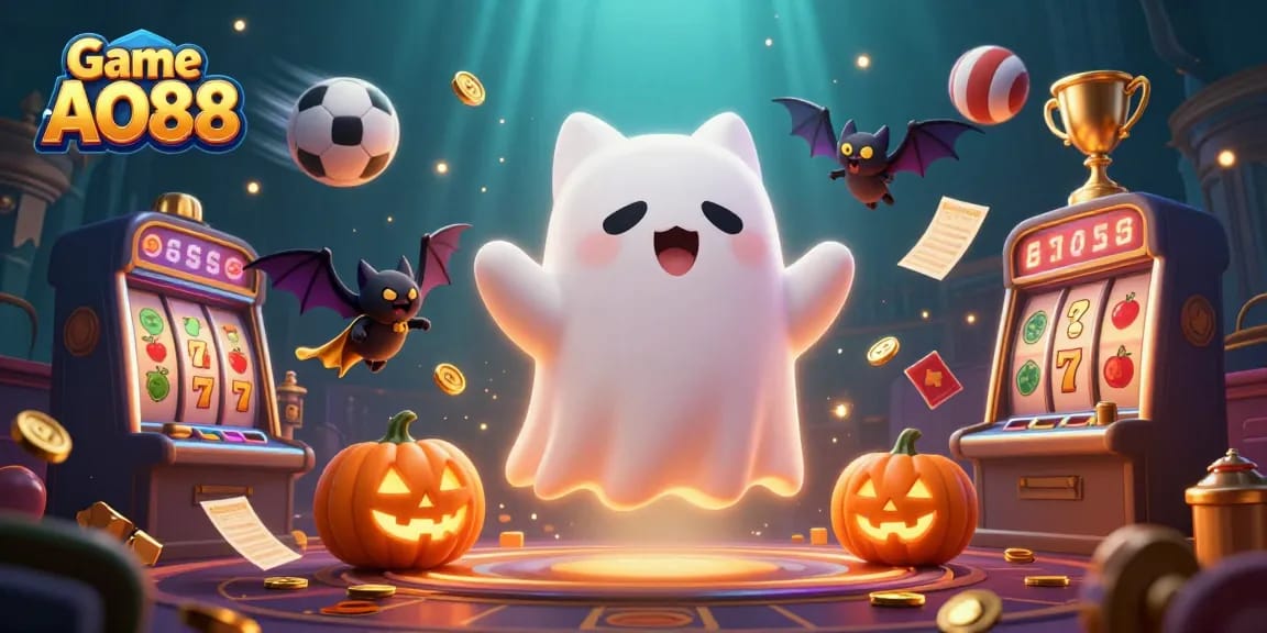Engage with Game AO88 as a ghost cat and bat navigate a haunted casino filled with slots and glowing fun