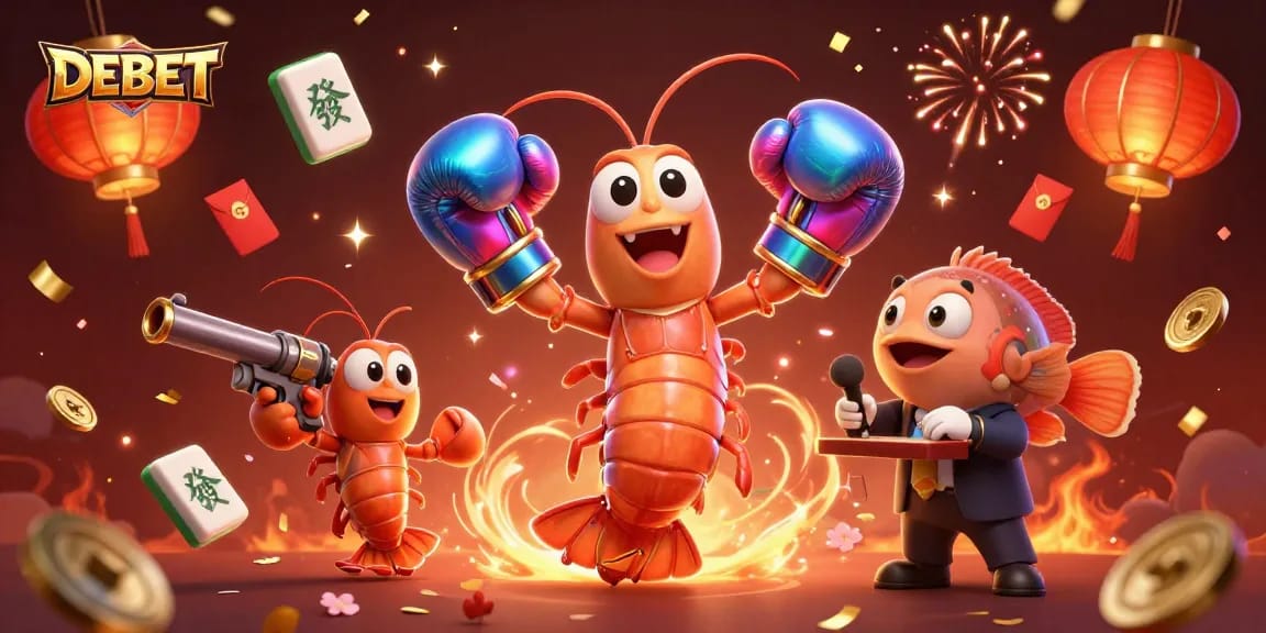 Experience thrilling casino action with DEBET's dynamic cartoon shrimp champions battling around vibrant slots.