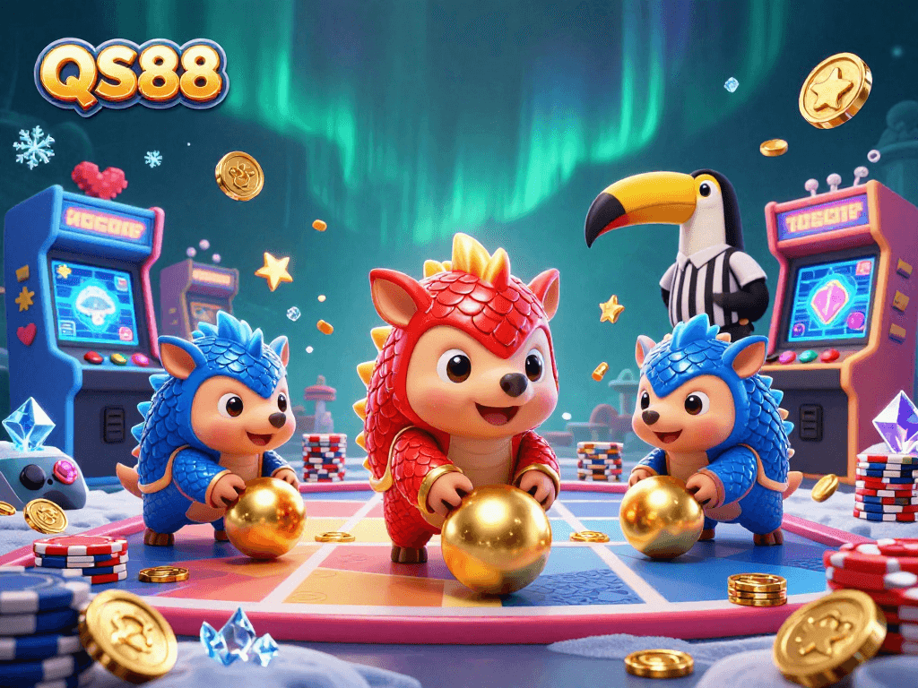 Bowling pangolins compete in QS88's casino atmosphere with vibrant arcade elements and golds.