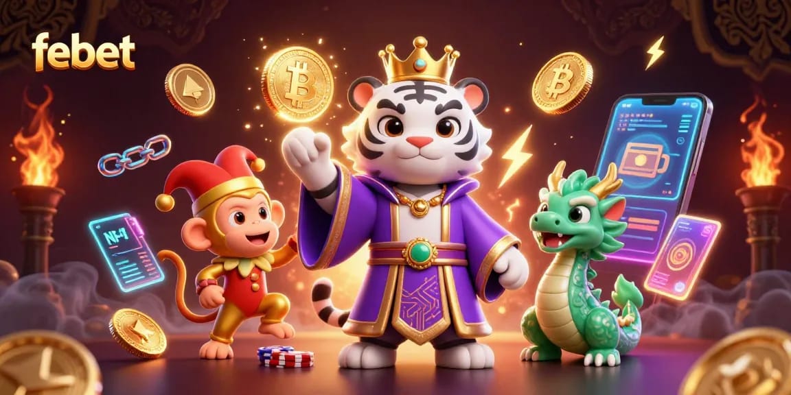 Play poker and win big with febet in a vibrant 3D casino illustration featuring rich details.