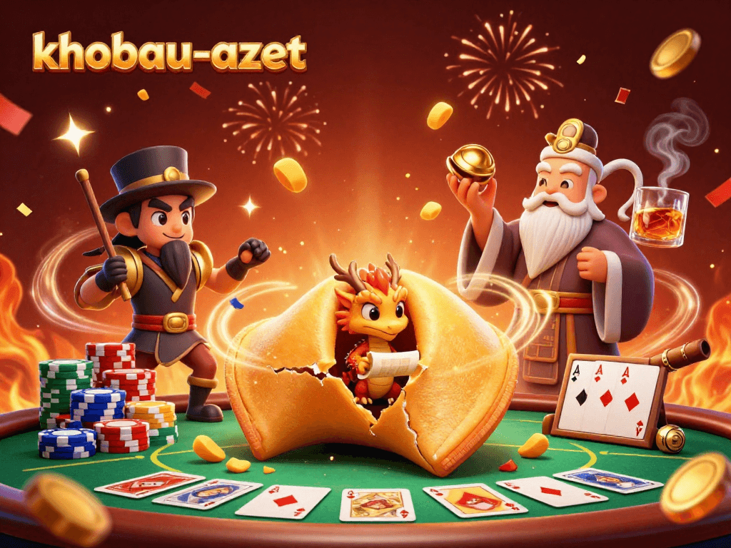 Experience khobau-aztec with golden fortune cookie, Dragon, and poker action in 3D illustration.