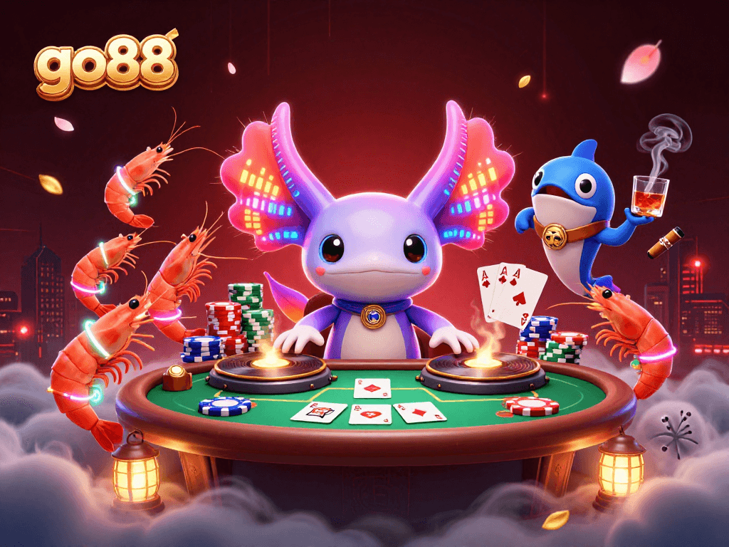 Experience go88's vibrant gaming scene with a neon axolotl DJ spinning at an action-packed poker table.