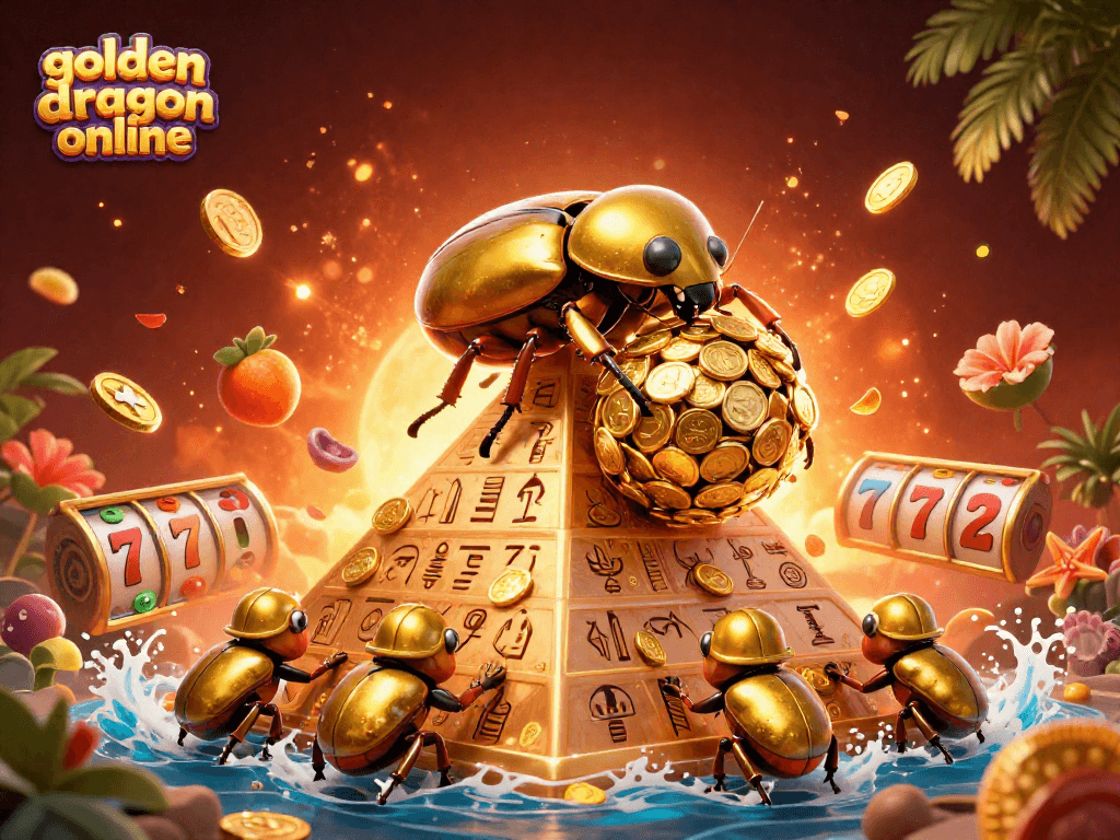Experience the thrill of golden dragon online with this vibrant, dynamic digital illustration of a massive golden dung beetle in a casino scene.