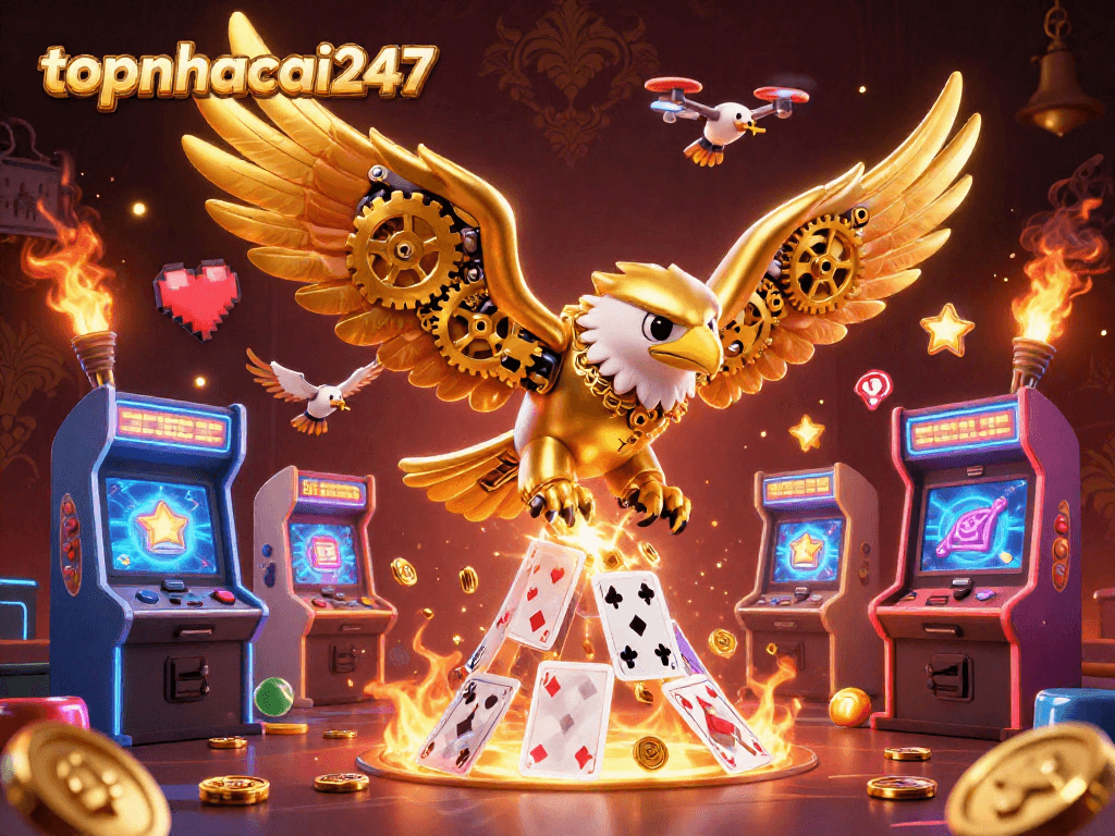 Engage in thrilling gameplay with topnhacai247's dynamic 3D casino illustration featuring golden eagle and holographic cards.
