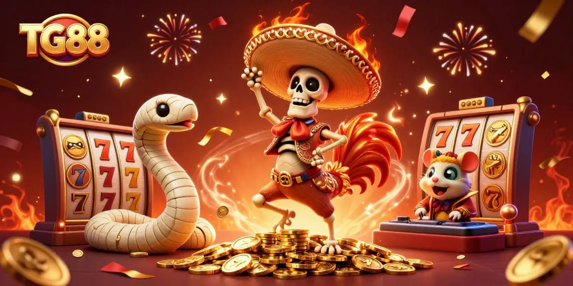 TG88 showcases a vibrant 3D casino scene featuring a dancing rooster and thrilling slot game elements.