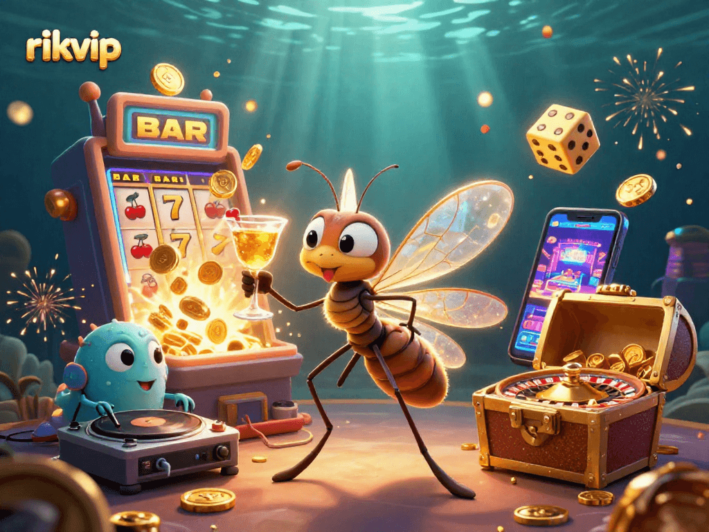Experience the excitement of rikvip with a vibrant casino scene featuring lively characters and engaging game elements.