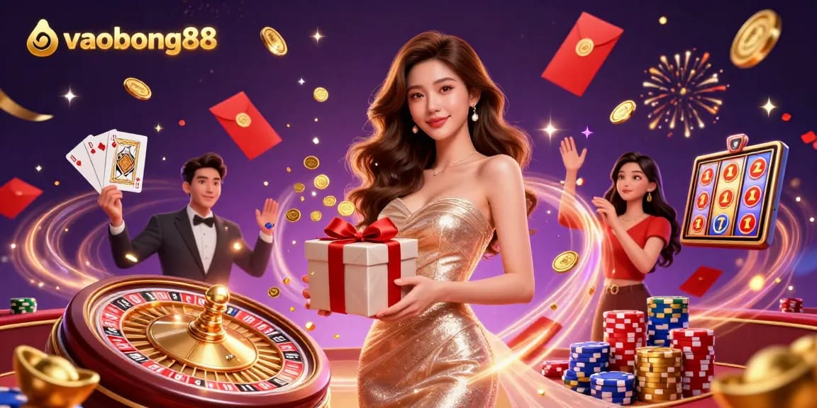 Experience the excitement of vaobong88 with a stunning illustration featuring golden coins and festive elements in a vibrant casino atmosphere.