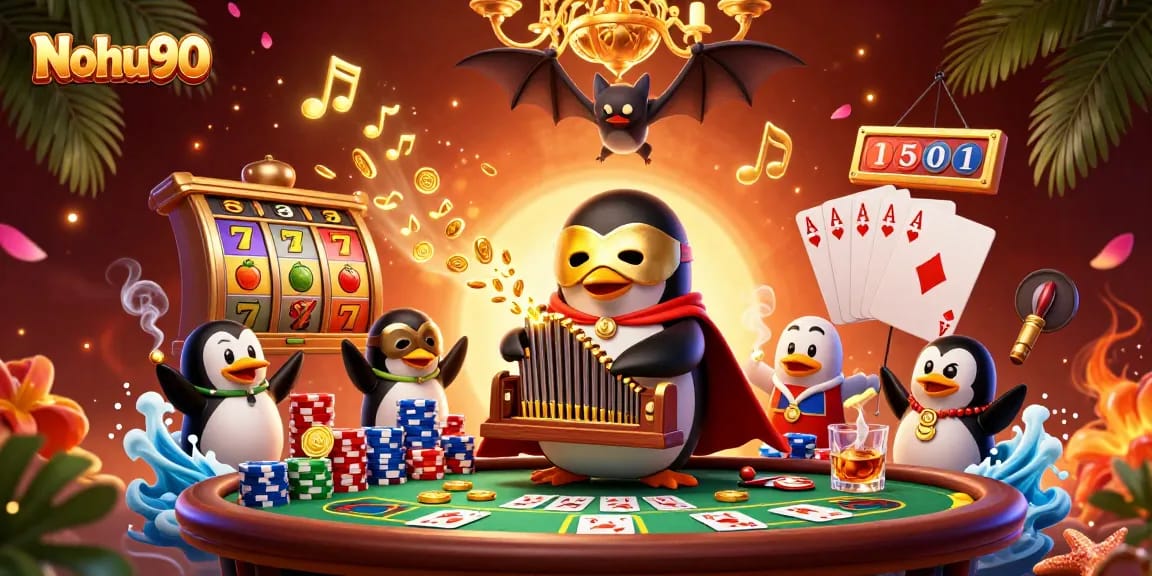Nohu90 slot and casino excitement depicted with a cartoon penguin playing an organ shooting coins.