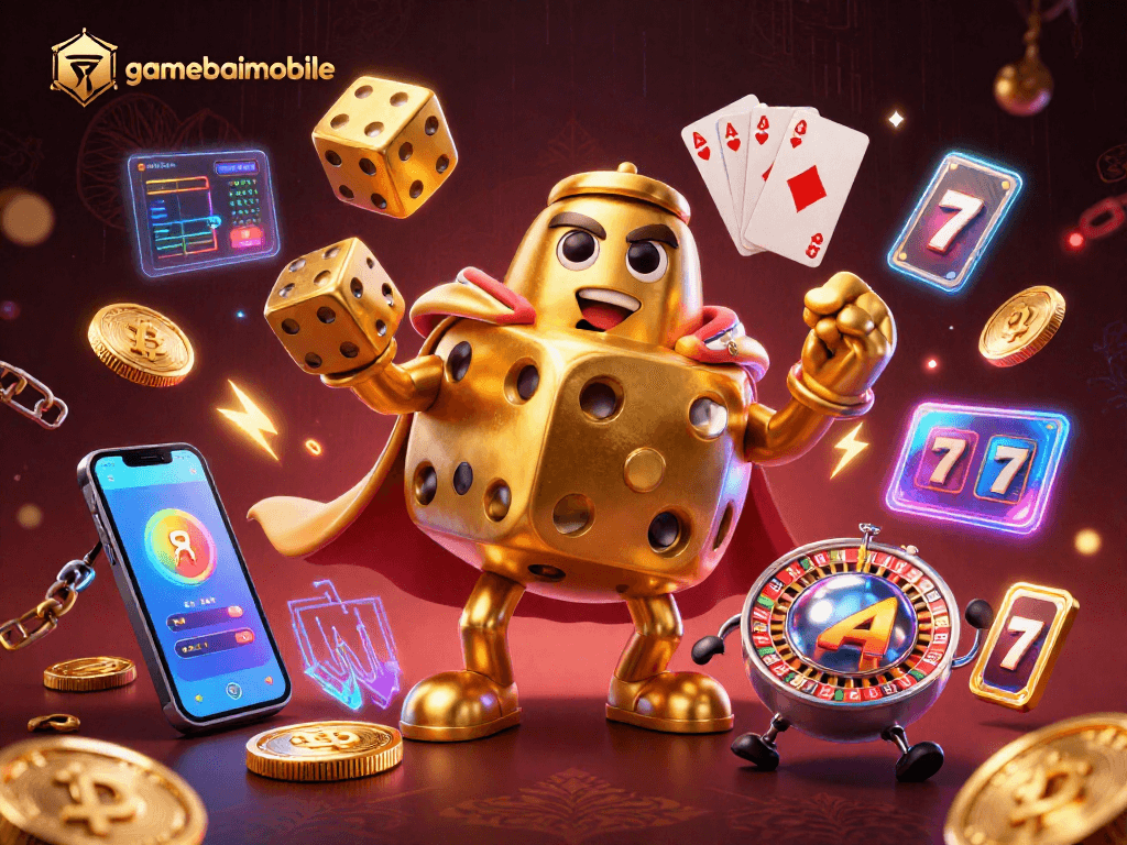 Celebrate winning moments with gamebaimobile's dazzling 3D casino illustration filled with dynamic game elements.