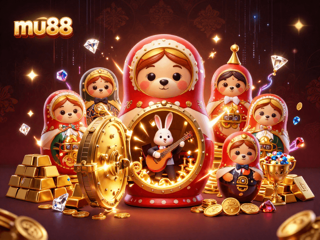 Experience excitement and wealth with mu88's captivating 3D casino scene full of jewels and gaming elements.