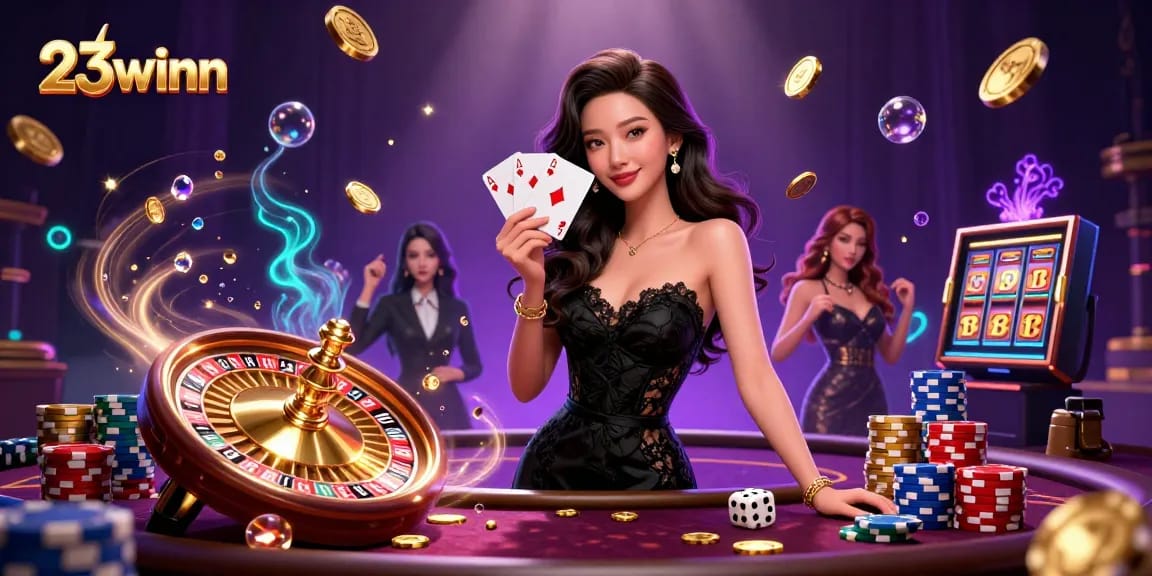 Experience excitement at 23winn with an elegant lady showcasing poker skills amidst casino glamour.