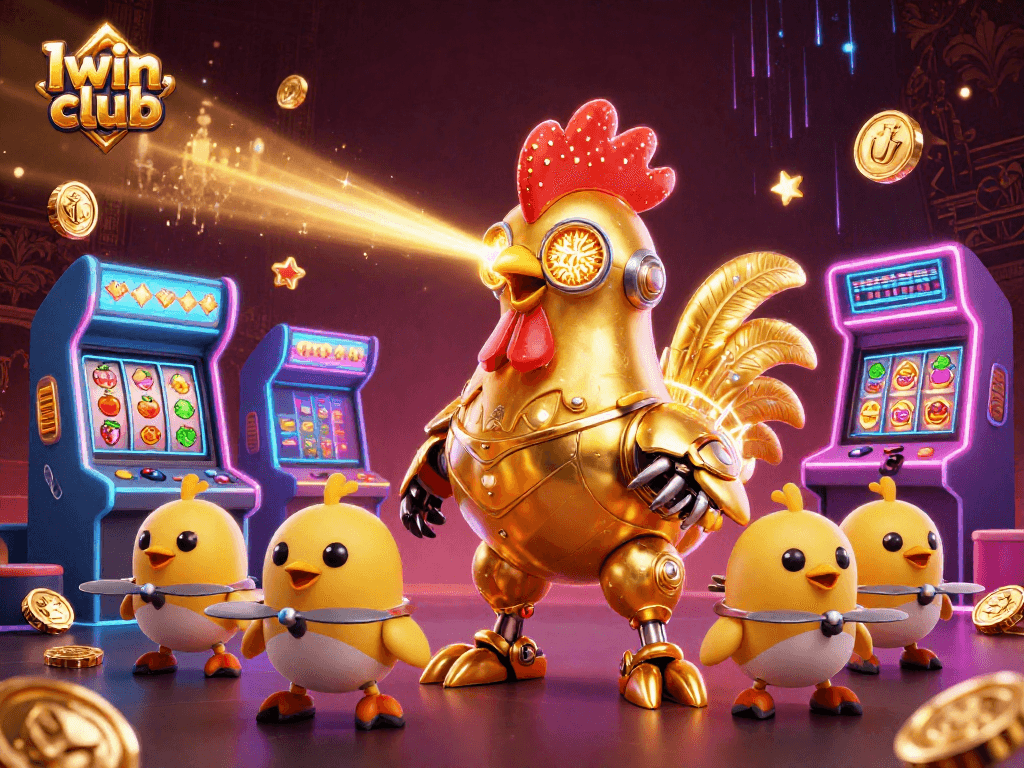Iwin club casino adventure with a golden rooster robot and baby chick drones amidst colorful games and jackpot symbols