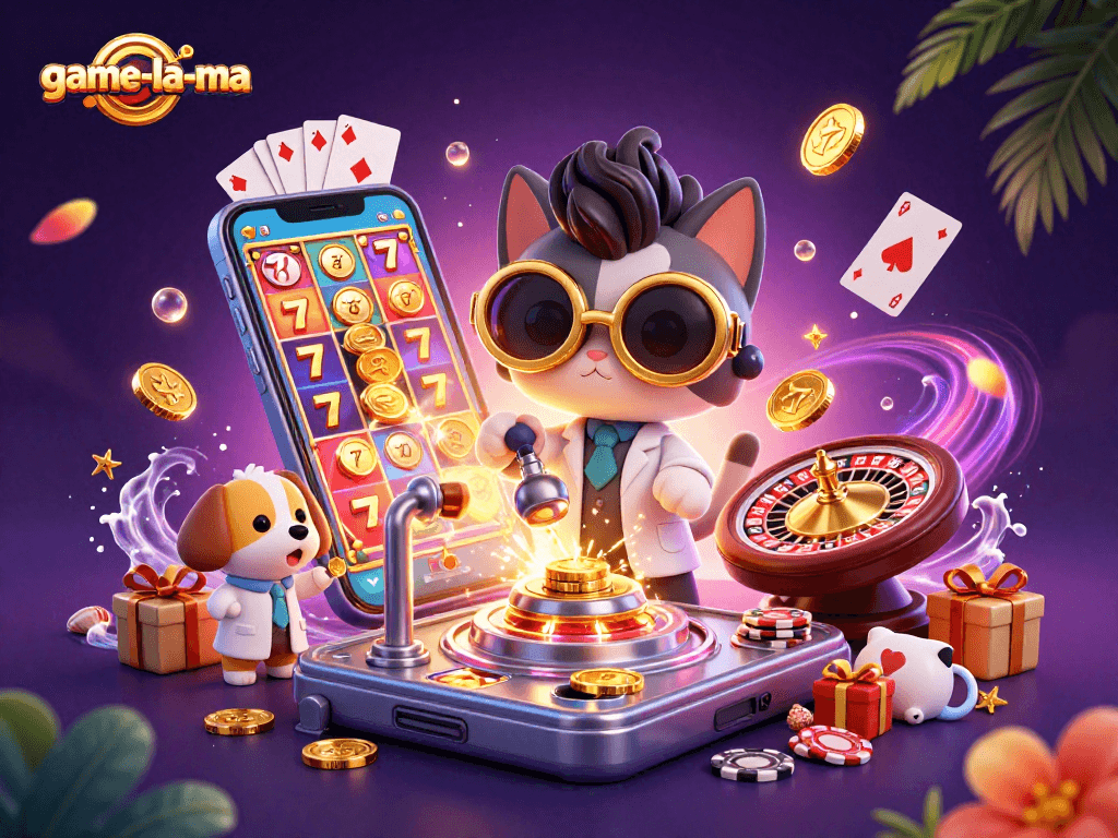 Engage with thrilling casino action at game-la-ma, featuring a mad scientist cat and vibrant slot game elements.