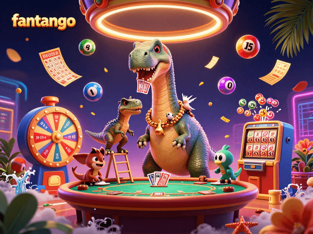 Engage with fanango in a vibrant casino scene featuring a towering brontosaurus and raptor dealer.