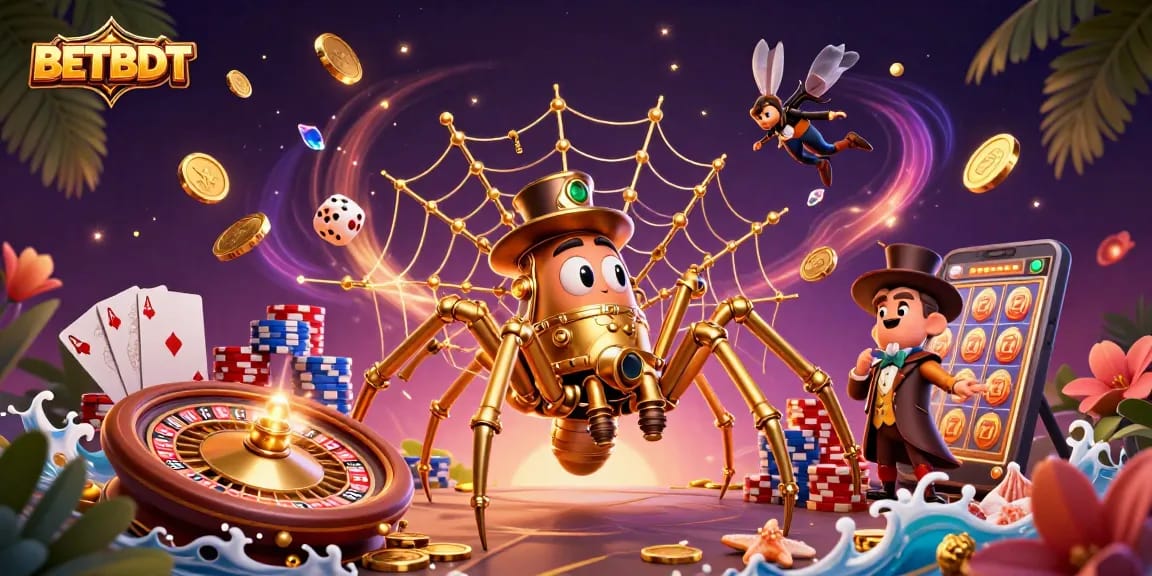 Engage in BETBDT's thrilling gambling experience with 3D characters, golden coins, and vibrant game elements.