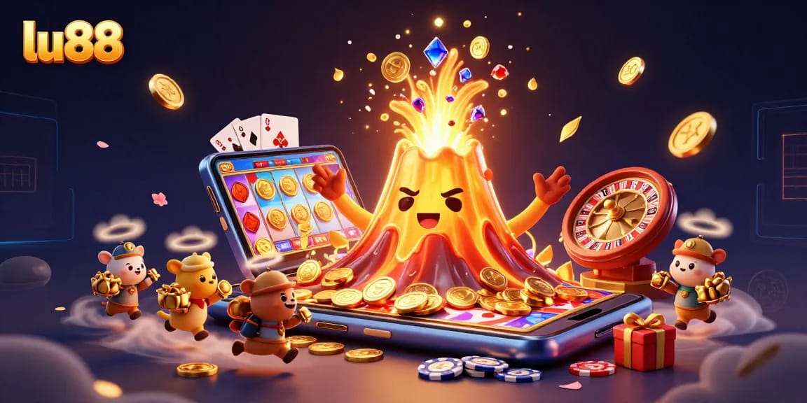 Experience the thrill of lu88 with this vibrant 3D casino illustration showcasing an erupting volcano of treasures.