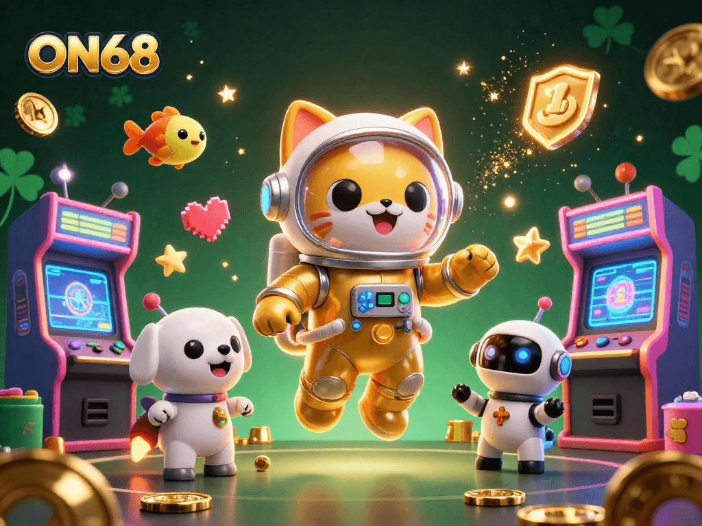 Engage in fun gaming at ON68, featuring a cartoon astronaut cat and robot dog in a vibrant casino galaxy.