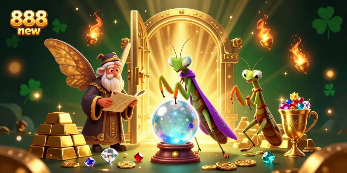 Engage with the mystical 888 new fortune at the casino illustrated by vibrant 3D characters and treasures.