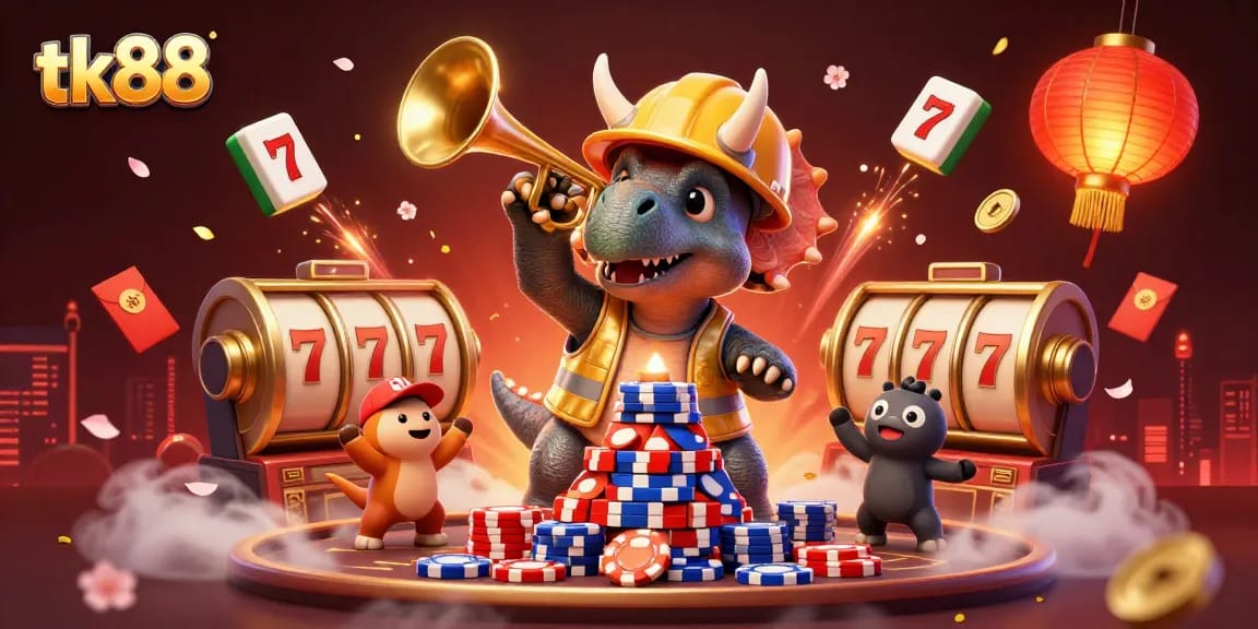 Play at tk88 with a vibrant scene of a triceratops building poker chips amidst festive gambling elements.