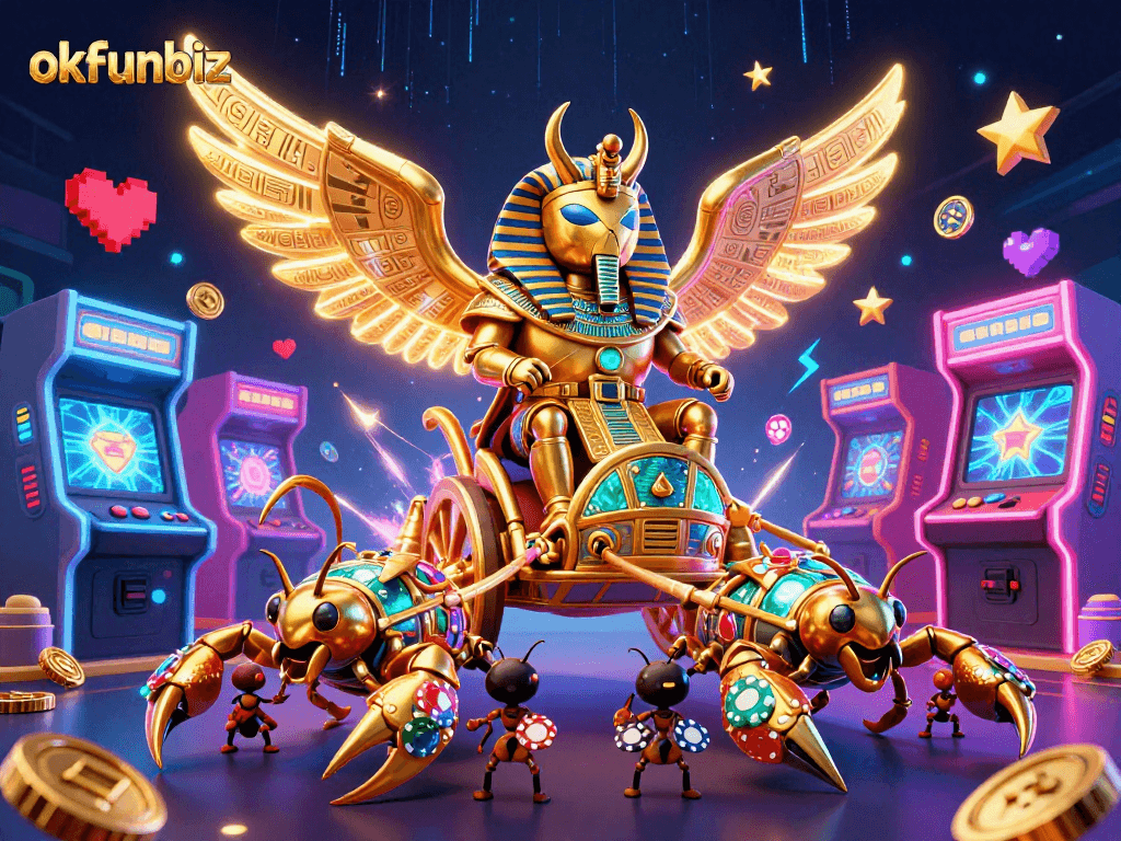Engage in thrilling gambling at okfunbiz with colossal casino-themed characters and vibrant arcade elements.