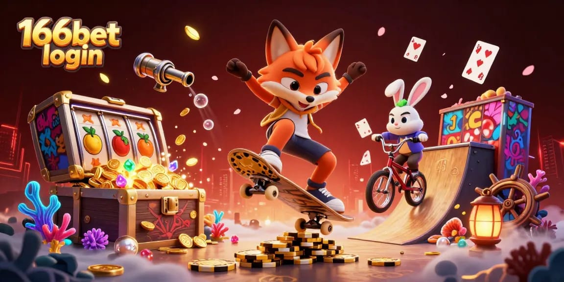 Engage with 166bet login in this vibrant casino scene featuring a playful fox and rabbit with slot reels.